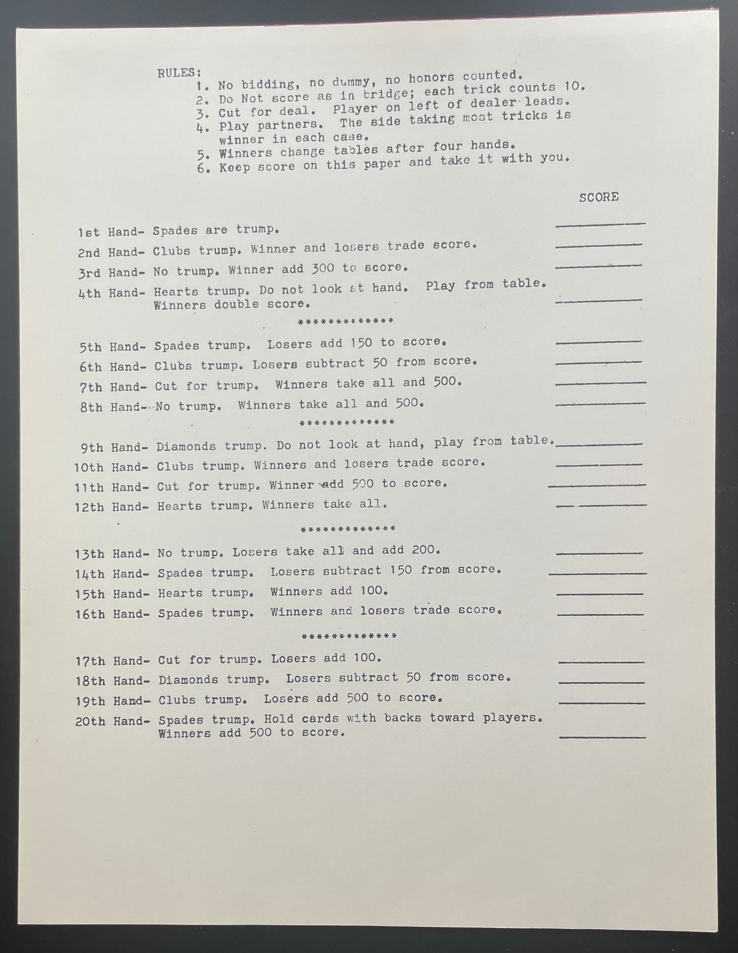 Euchre Vintage 20-Hand Tournament Score Sheets - Limited Quantity!